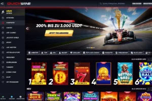 Startseite von QuickWin Casino mit Formel-1-Rennwagen, Krypto-Willkommensbonus bis zu 3.000 USDT und übersichtlicher Casino-Lobby mit Slots, Live-Casino und Sportwetten im dunklen Racing-Design.