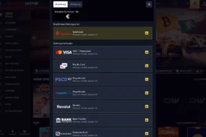 Zahlungsseite von QuickWin Casino mit Einzahlungsmethoden wie Sparkasse, Visa, Paysafecard, Revolut und Banküberweisung in einer modernen Casino-Oberfläche mit Racing-Thema.