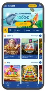 Dolfwin Casino Mobile App auf Smartphone mit Spielautomaten, Willkommensbonus und optimierter Benutzeroberfläche für mobiles Spielen.