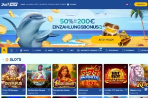 Dolfwin Casino Spiele-Lobby mit Spielautomaten, Bonusangeboten und übersichtlicher Navigation für Online Casino Spiele.