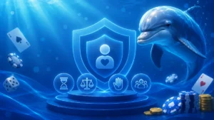 Dolfwin Casino Spielerschutz mit Symbolen für verantwortungsbewusstes Spielen, Sicherheit, Datenschutz und verantwortungsvolle Glücksspielrichtlinien.