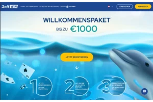 Dolfwin Casino Startseite mit Willkommenspaket bis zu 1.000 Euro, Delfin-Motiv und moderner Benutzeroberfläche für Online Casino Spieler.