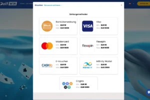 Dolfwin Casino Zahlungsmethoden mit Visa, Mastercard, Banküberweisung, MiFinity, Flexepin, Kryptowährungen und weiteren Einzahlungsoptionen.