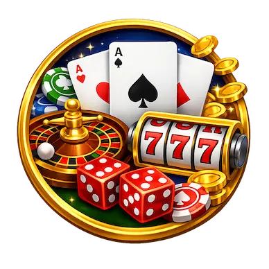 Online-Casino-Icon mit Roulette, Spielkarten, Würfeln, Pokerchips, Goldmünzen und 777-Spielautomat in einem goldenen Rahmen